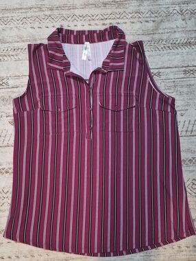 Striped Collared Sleeveless Tank Top - Wine